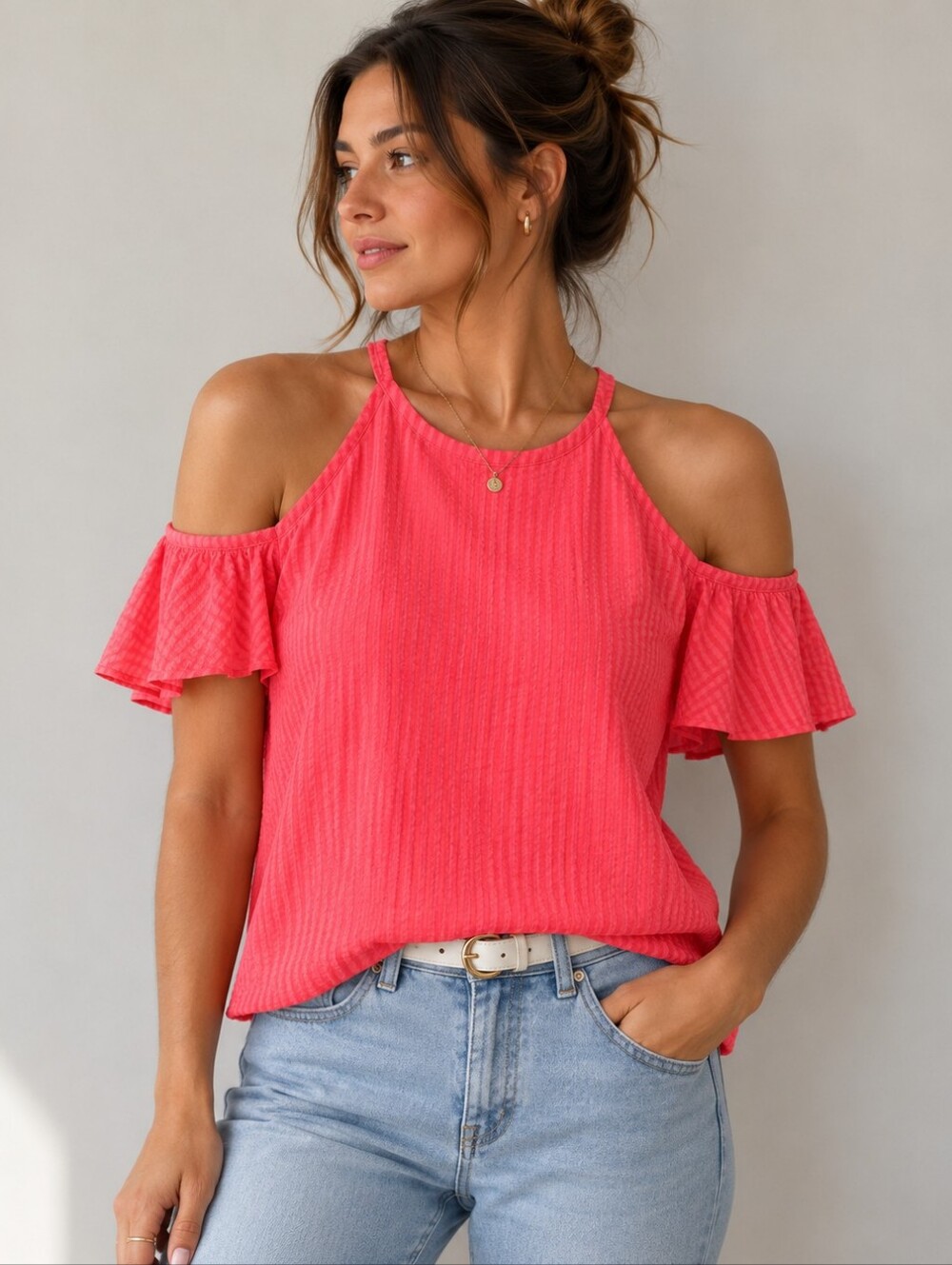 Michael Kors | Seersucker Halter Neck Cold Shoulder Top, Size M - Picture 1 of 7